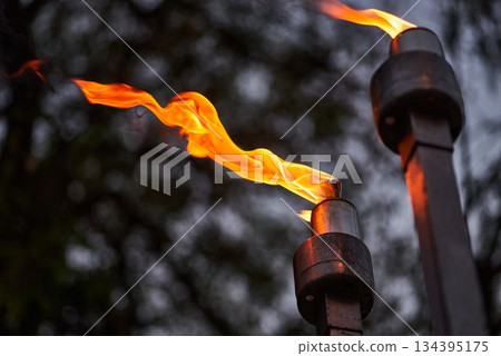 Hanukkah candles burning on menorah during Jewish holiday celebration 134395175