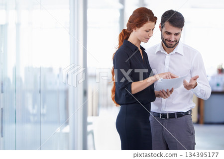 Team work, paperwork and meeting or business people and preparation in the office. Colleagues, brainstorm and management or corporate workers or company financial and collaboration at the workplace 134395177