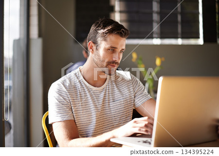 Entrepreneur, laptop or man in coffee shop reading news online the stock market for trading report update. Cafe, remote work or trader typing an email or networking on internet or digital website Entrepreneur, laptop or man in coffee shop reading news online the stock market for trading report update. Cafe, remote work or trader typing an email or networking on internet or digital website 134395224