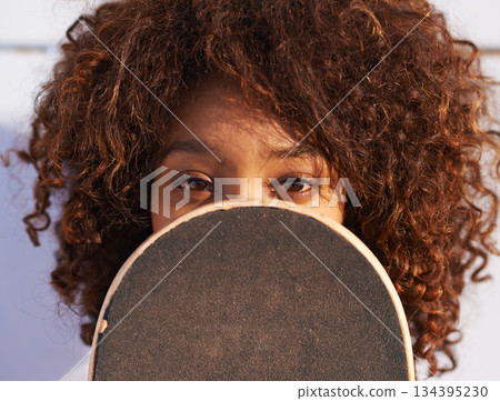 Eyes, cover and portrait of woman with skateboard for fitness, urban and hiding in outdoors. Training, skating and youth with face of female skater in park for hipster, relax and skateboarder 134395230