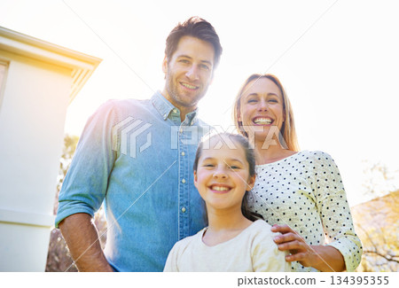 Portrait, sunshine and happy family child, mother and father support, bonding and enjoy outdoor quality time together in Spain. Love, sky or happiness of mama, papa and youth kid smile for unity care Portrait, sunshine and happy family child, mother and father support, bonding and enjoy outdoor quality time together in Spain. Love, sky or happiness of mama, papa and youth kid smile for unity care 134395355