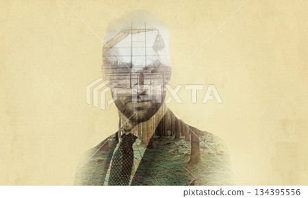 Business man, city development double exposure and thinking employee with art deco overlay. Corporate, old school and professional worker with ideas of person with skyline and black and white effect 134395556