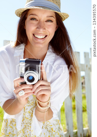Woman portrait, photographer or vintage camera in holiday location, summer vacation or Germany sightseeing break. Smile, happy or travel blogger with photography equipment for tourist nature review Woman portrait, photographer or vintage camera in holiday location, summer vacation or Germany sightseeing break. Smile, happy or travel blogger with photography equipment for tourist nature review 134395570