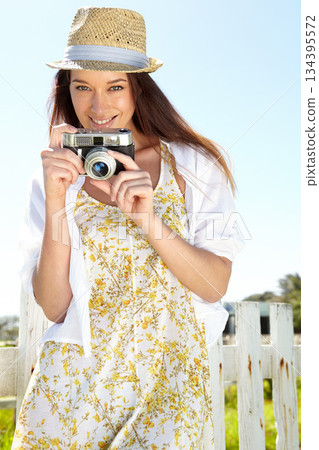 Photographer, digital camera or woman portrait in holiday location, summer vacation or Germany sightseeing break. Smile, happy or travel influencer and vlogger photography for a tourist review 134395572
