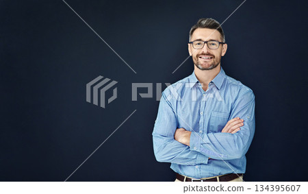 Portrait, business and man with arms crossed, mockup and employee against dark studio background. Face, male person and entrepreneur with startup success, career and ceo with a smile and professional Portrait, business and man with arms crossed, mockup and employee against dark studio background. Face, male person and entrepreneur with startup success, career and ceo with a smile and professional 134395607