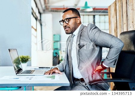 Business man, back pain and burnout with red overlay, bad posture and stress with medical problem at office. Male corporate person at desk with backache, anatomy and health crisis with injury 134395713