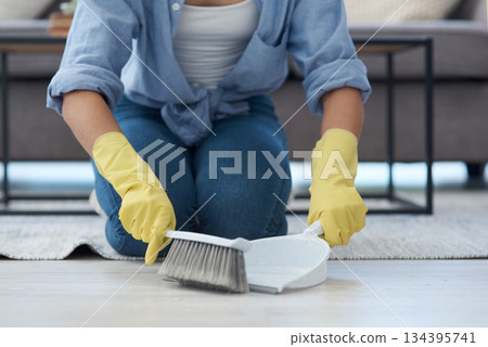 Closeup, hand broom and woman sweeping, home and spring cleaning with chores, maid and dirt. Zoom, female person and girl with housekeeping, cleaner and messy with dustpan, domestic lady and tidy Closeup, hand broom and woman sweeping, home and spring cleaning with chores, maid and dirt. Zoom, female person and girl with housekeeping, cleaner and messy with dustpan, domestic lady and tidy 134395741