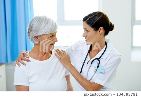 Consultation, doctor and old woman in hospital for advice, help and support at senior care clinic. Retirement, counselling discussion and nursing home, happy elderly patient sitting on bed with nurse Consultation, doctor and old woman in hospital for advice, help and support at senior care clinic. Retirement, counselling discussion and nursing home, happy elderly patient sitting on bed with nurse 134395781