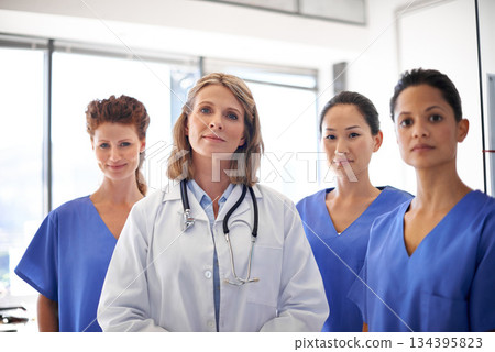Doctor, nurses and portrait of hospital group or women leadership in clinic team or surgeons for diversity in healthcare. Wellness, professional and teamwork or collaboration and medical student 134395823