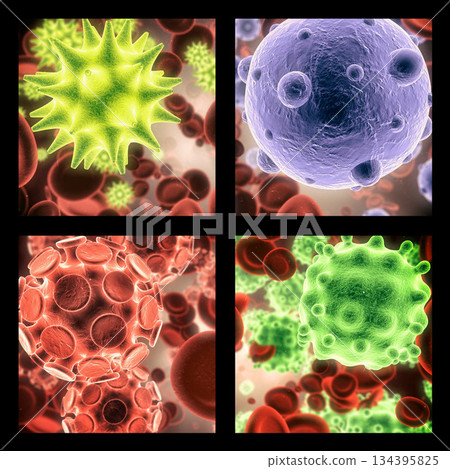 Virus, bacteria and molecule structure of disease closeup in series for medical investigation or research. Covid, particle and healthcare with a microscope view of living cell samples for biology Virus, bacteria and molecule structure of disease closeup in series for medical investigation or research. Covid, particle and healthcare with a microscope view of living cell samples for biology 134395825
