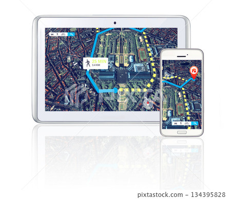 Tablet, phone or virtual location to travel on city road maps or direction route on screen or white background. Mockup, digital or mobile app ux journey trip display, global navigation or iot guide Tablet, phone or virtual location to travel on city road maps or direction route on screen or white background. Mockup, digital or mobile app ux journey trip display, global navigation or iot guide 134395828