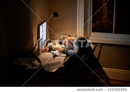Student, university and sleeping or studying late into the night on screen or fatigue on table and reading for examination. Tired, research and hard work for test paper or computer at college Student, university and sleeping or studying late into the night on screen or fatigue on table and reading for examination. Tired, research and hard work for test paper or computer at college 134395856