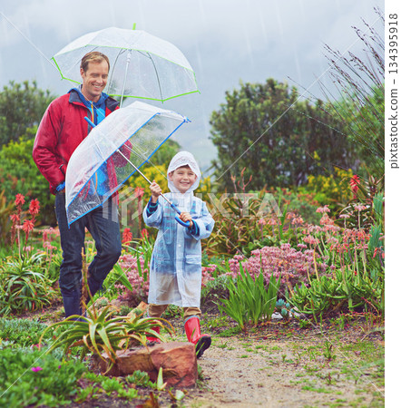 Rain, umbrella and nature with a father and child outdoor for family fun, happiness and quality time. Happy man and kid walking on adventure with water drops, freedom and play for learning in garden 134395918