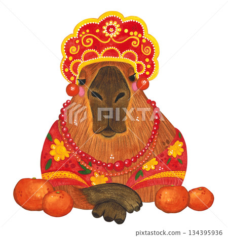 A capybara wearing a kokoshnik and a beaded scarf among oranges. Hand-drawn watercolor illustration. Design suitable for printing on cakes, stickers, posters, and fabric. Animal, fruit A capybara wearing a kokoshnik and a beaded scarf among oranges. Hand-drawn watercolor illustration. Design suitable for printing on cakes, stickers, posters, and fabric. Animal, fruit 134395936
