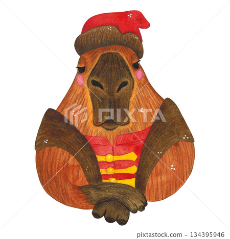 Capybara in a hat and caftan, folk costume. Hand-drawn watercolor illustration. Design suitable for printing on cakes, stickers, posters, and fabric. Animal, fruit, tradition Capybara in a hat and caftan, folk costume. Hand-drawn watercolor illustration. Design suitable for printing on cakes, stickers, posters, and fabric. Animal, fruit, tradition 134395946