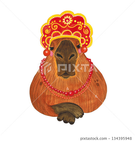Capybara in a kokoshnik with beads. Watercolor illustration hand drawn cartoon. Drawing for printing on a cake, stickers, poster, fabric. Animal, rodent, brown, children Capybara in a kokoshnik with beads. Watercolor illustration hand drawn cartoon. Drawing for printing on a cake, stickers, poster, fabric. Animal, rodent, brown, children 134395948