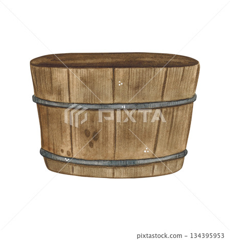 Large wooden tub for washing. Watercolor illustration hand drawn cartoon. Drawing for print on cake, stickers, poster, fabric. Barrel, wooden, tub, bathe, tub 134395953