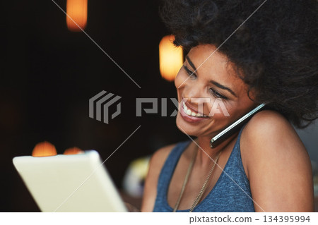 Restaurant, phone call and happy woman reading tablet date, online statistics or taking to delivery order. Entrepreneur discussion, happiness or store manager consulting in store, coffee shop or cafe Restaurant, phone call and happy woman reading tablet date, online statistics or taking to delivery order. Entrepreneur discussion, happiness or store manager consulting in store, coffee shop or cafe 134395994