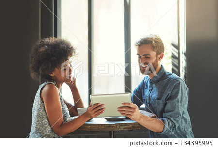 Tablet, partnership or happy people with online restaurant insight, customer feedback or smile for cafe sales review. Hospitality report, store collaboration and retail team with coffee shop teamwork Tablet, partnership or happy people with online restaurant insight, customer feedback or smile for cafe sales review. Hospitality report, store collaboration and retail team with coffee shop teamwork 134395995