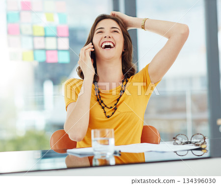 Woman laughing in office, funny and phone call communication with business contact or conversation. .Positivity, professional and female person networking in casual discussion on mobile with laughter Woman laughing in office, funny and phone call communication with business contact or conversation. .Positivity, professional and female person networking in casual discussion on mobile with laughter 134396030