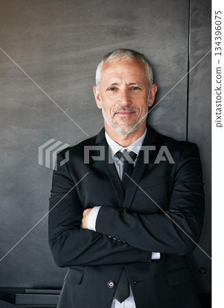 Businessman, portrait and happy with a smile on face with arms crossed in studio. A senior entrepreneur or executive person on a grey wall with corporate clothes, positive mindset and career pride Businessman, portrait and happy with a smile on face with arms crossed in studio. A senior entrepreneur or executive person on a grey wall with corporate clothes, positive mindset and career pride 134396075