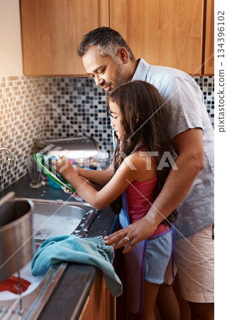 Help, washing dishes and a father with a child in the kitchen for teamwork, cleaning and chores. House, helping and a dad with a girl kid learning to do housework for responsibility and routine 134396102