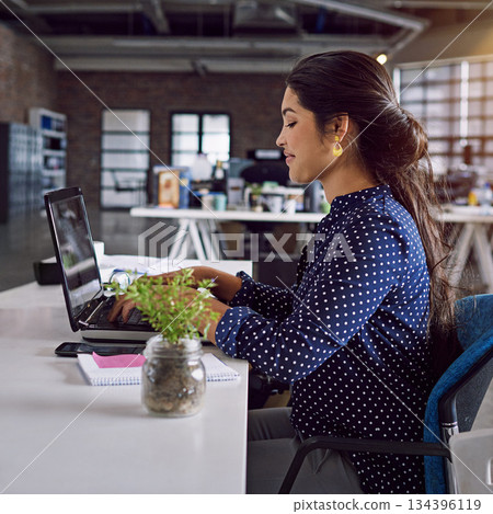 Laptop, typing or business woman working on advertising data analysis, social media statistics or customer experience insight. Brand monitoring profile, app ux research or person review web analytics 134396119