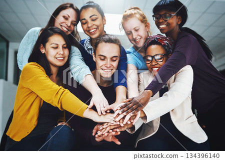 Teamwork, collaboration and people hands stacked for support, target or team building, solidarity and diversity group. Circle, happy and business women and men with together sign and startup mission 134396140