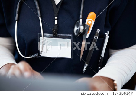 Doctor, stethoscope or ID card in hospital identification, name or icu pass for clinic learning or laptop education. Zoom, woman or healthcare nurse and medical thermometer or student internship tag 134396147