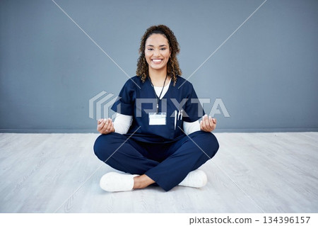 Nurse, portrait or sitting meditation on hospital mockup, clinic mock up or wall for mental health, peace or chakra healthcare. Smile, happy or woman doctor in meditate pose for zen mindset or relax 134396157