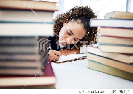 Student, writing or books stack in hospital research, education studying or university learning in medical school. Thinking, woman or healthcare nurse and notebook for medicine internship scholarship 134396165