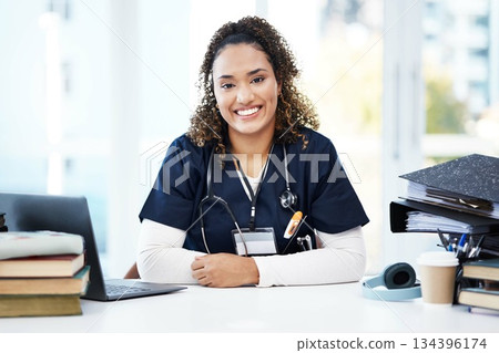 Nurse, portrait or laptop with medical student books, research education studying or hospital learning university. Smile, happy or healthcare woman with technology in scholarship medicine internship Nurse, portrait or laptop with medical student books, research education studying or hospital learning university. Smile, happy or healthcare woman with technology in scholarship medicine internship 134396174