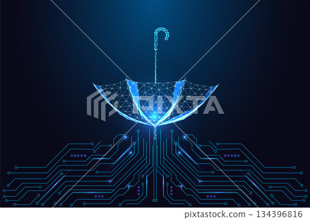 Glowing umbrella on circuit board, cybersecurity shield and digital protection vector 134396816