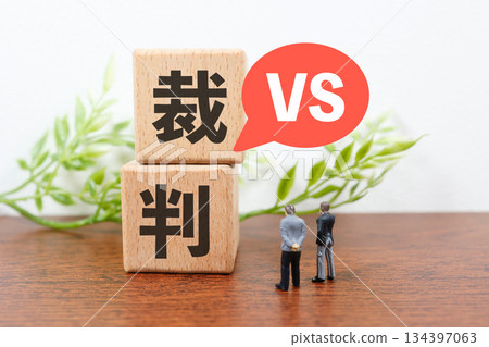 Two miniature male figures in conflict with wooden blocks representing a trial Two miniature male figures in conflict with wooden blocks representing a trial 134397063