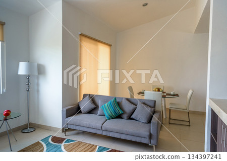 Modern Living Room with Retro Colorful Chair and Natural Light 134397241