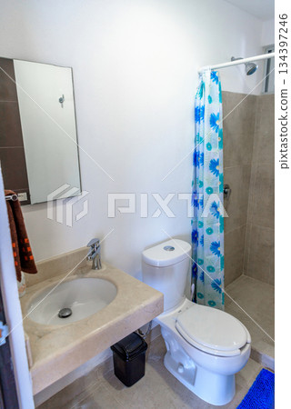 modern bathroom with blue shower curtain and white decor modern bathroom with blue shower curtain and white decor 134397246