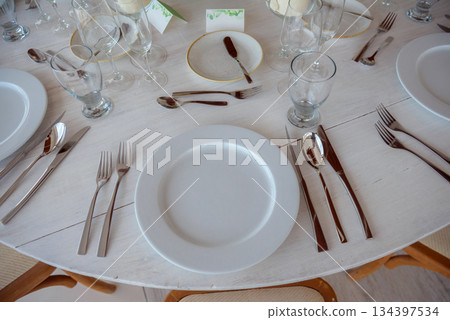 elegant banquet tables prepared for a conference or a party indoors elegant banquet tables prepared for a conference or a party indoors 134397534