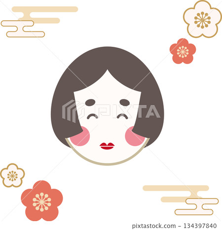 可用於節分和春季的御福、梅花和薄霧圖案插圖素材 134397840