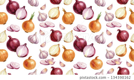 Onion and garlic seamless pattern on a white background 134398162