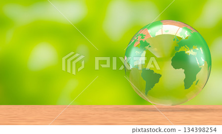Transparent Green Earth Globe on Wooden Surface with Fresh Eco Background 3d render. 134398254