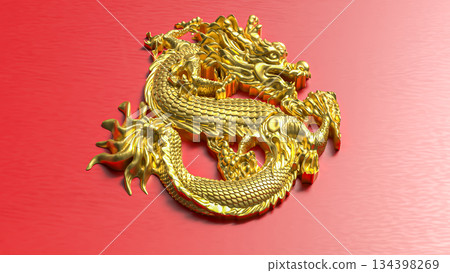 Golden Chinese Dragon Emblem on Red Background 3d render. Golden Chinese Dragon Emblem on Red Background 3d render. 134398269