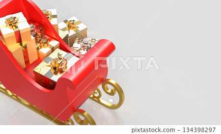 Red Christmas Sleigh Overflowing with Golden Gifts 3d render. Red Christmas Sleigh Overflowing with Golden Gifts 3d render. 134398297