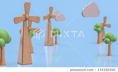 Wooden Wind Turbines and Trees Representing Clean Energy Concept 3d render. 134398300