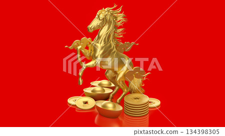 Golden Rearing Horse with Chinese Wealth Symbols on Red 3d render. Golden Rearing Horse with Chinese Wealth Symbols on Red 3d render. 134398305