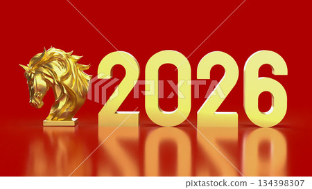 Golden Horse Head with Bold 2026 Text on Red Background 3d render Golden Horse Head with Bold 2026 Text on Red Background 3d render 134398307