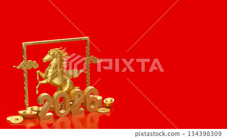 Golden Rearing Horse with 2026 Lunar New Year Elements 3d render. Golden Rearing Horse with 2026 Lunar New Year Elements 3d render. 134398309