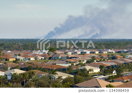 Prescribed fire smoke rising up over suburban neighborhood in Florida Prescribed fire smoke rising up over suburban neighborhood in Florida 134398459