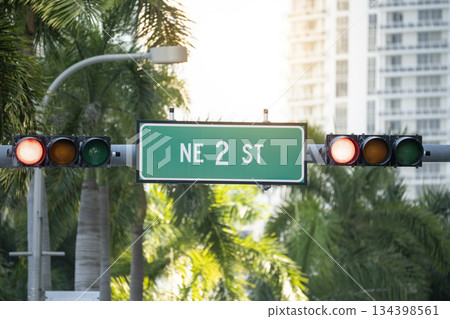 Overhead traffic lights high above street in Miami, Florida 134398561