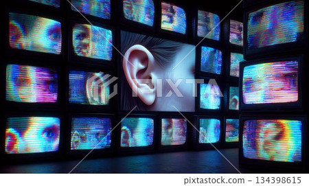 A creative art installation features multiple screens showing vivid, distorted faces and a prominent ear vintage televisions 134398615