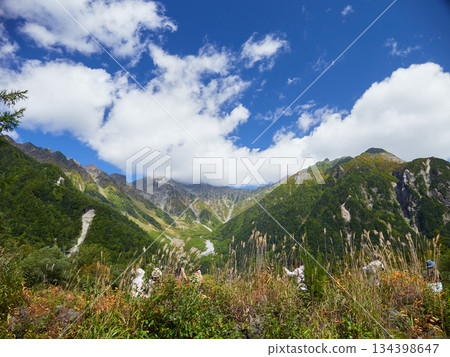 遊客在熱門旅遊景點上高地梓川沿岸休息，欣賞穗高山脈的壯麗景色。 134398647